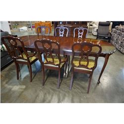 FRENCH PRONVICIAL CHERRY FINISH DINING TABLE W/ 2 LEAFS AND 6 CHAIRS