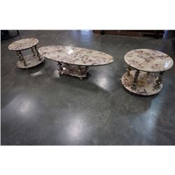 3PC STONE TOP METAL BASE ROLLING COFFEE AND END TABLE SET