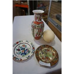 EASTERN VASE AND 2 HAND PAINTED EASTERN PLATES AND OSTRITCH EGG