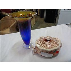 ARNEL LIDDED DISH AND ART GLASS VASE