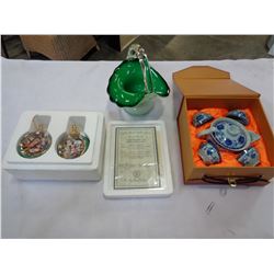 EASTERN TEA SET, ART GLASS BASKET AND CAT ORNAMENTS