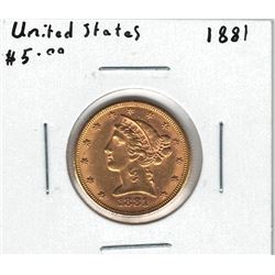 1881 USA $5.00 Gold Coin