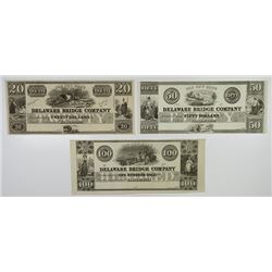 Delaware Bridge Co. 18xx. Trio of Obsolete Notes.