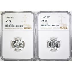 2-1942 MERCURY DIMES: 1-NGC MS-66 & 1-67