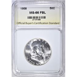 1958 FRANKLIN HALF DOLLAR, OBCS GEM BU FBL