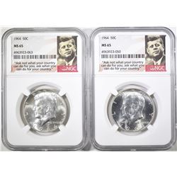 2-1964 KENNEDY HALF DOLLARS, NGC MS-65
