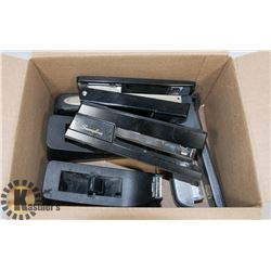 BOX OF STAPLERS AND TAPE DISPENSERS.
