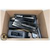 Image 1 : BOX OF STAPLERS AND TAPE DISPENSERS.
