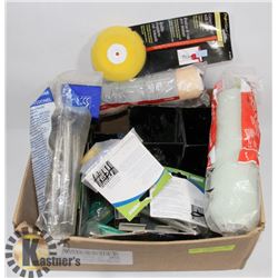BOX WITH PLUMBING ITEMS, PAINT SUPPLIES AND MORE