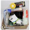 BOX WITH PLUMBING ITEMS, PAINT SUPPLIES AND MORE