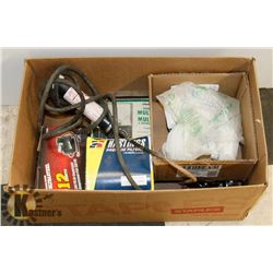 BOX  OF ASSORTED, TRAVEL IRON, AIR COMPRESSOR