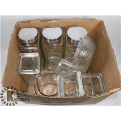 LOT OF ASSORTED CANISTERS/GLASSWARE