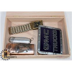 CIGAR BOX WITH WATCH, KNIFE, LIGHTER & BELT BUCKLE