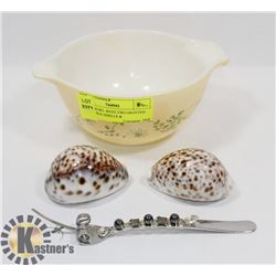 PYREX BOWL WITH TWO SPOTTED BROWN SEA SHELLS &