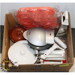 BOX W/KITCHENWARE ITEMS INCL. PEROGIE