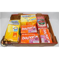 FLAT OF BOUNCE, OLD SPICE BAR SOAP, AND SWIFFER