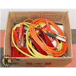 BOX WITH BOOSTER CABLES, WIRE BRUSHES & MORE