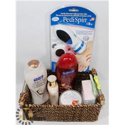 BASKET WITH PEDI SPIN, BODY BUTTER, BODY SCRUB,