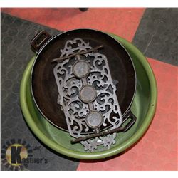 12" CAST IRON WOK, CANDLE HOLDER AND 2 OWLS