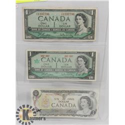 LOT OF 3 CANADA $1 BILLS 1973, 1954, 1967 NO S/N
