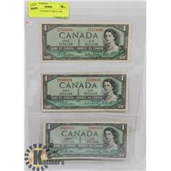 LOT OF 3 CANADA $1 BILLS 1954