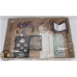 FLAT OF ASSORTED CURRENCY, JEWELRY & COLLECTIBLES