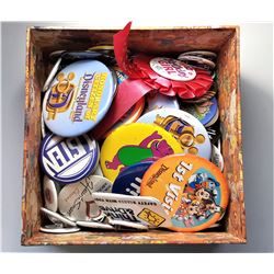 6)  LOT OF DOZENS OF PIN BUTTONS/BADGES
