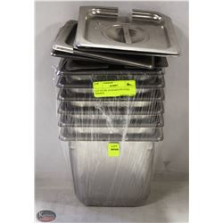 LOT OF SIX 1/6 STAINLESS STEEL INSERTS W/ 5 LIDS.