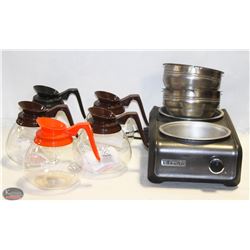 BOX OF ASSORTED COFFEE POTS, CROCKPOT DOUBLE