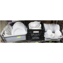 CRATE & 2 BUS BINS OF VARIOUS SIZED PLAIN WHITE