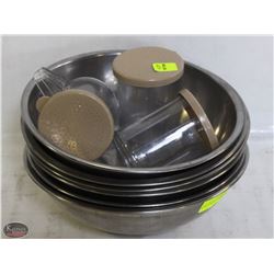 LOT OF 8 STAINLESS STEEL MIXING BOWLS WITH 3 SPICE