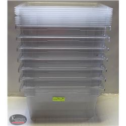 LOT OF 7 POLYCARB TOTES W/ LIDS-8" DEPTH