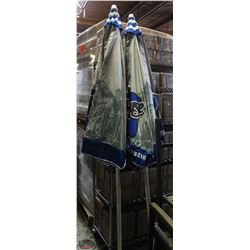 LOT OF 2 BREWHOUSE PATIO UMBRELLAS, BLUE AND GREY.