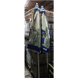 LOT OF 2 BREWHOUSE PATIO UMBRELLAS, BLUE AND GREY.