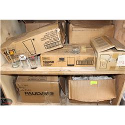 2 SHELFS OF ASSORTED GLASSWARE: BEER GLASS,