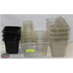 LOT OF 15 ASSORTED SIZED POLYCARB INSERTS W/ LIDS.