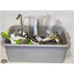 BUSBIN OF ASSORTED UTENSILS, LADLES,