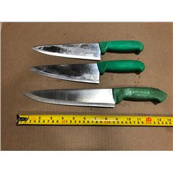 USED SHARPENED KNIVES GREEN HANDLE  - LOT OF 3