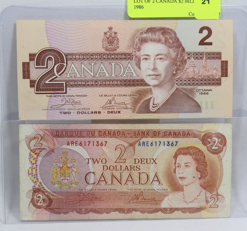 LOT OF 2 CANADIAN $2 BILLS 1974, 1986