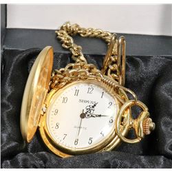 VINTAGE SHIVAS GOLD TONED POCKET WATCH W/ CHAIN