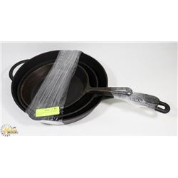 SET OF 3 HEAVY DUTY CAST IRON FRY PANS -