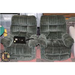 PAIR OF GREEN FABRIC 37" RECLINERS.