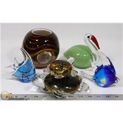 BOX W/ART GLASS ITEMS INCL. TURTLES, FISH,