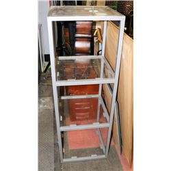 GREY METAL SHELF, 18"X18"X52.5"