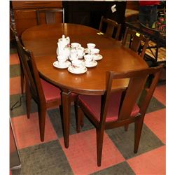 VINTAGE WOOD TABLE (58"X42"X29.5") W/ 6 CHAIRS AND