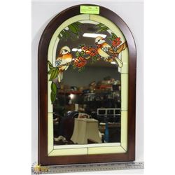DECORATIVE MIRROR WITH BIRDS ON STAND.