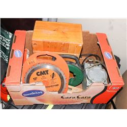 BOX OF VARIOUS TOOLS ACCESSORIES AND PUMP.