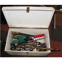 WHITE TRUNK FULL OF WOOD SAWS AND HAND TOOLS