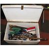 Image 1 : WHITE TRUNK FULL OF WOOD SAWS AND HAND TOOLS