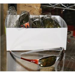 BOX OF SILVER AND ORANGE OAKLEY STYLE SUNGLASSES